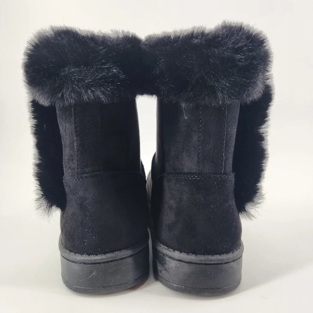 Paulina Womens Black Faux Suede Fur Trim Winter‎ Boots Mid Calf Slip On